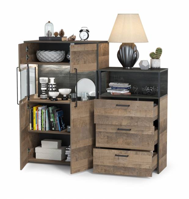 Комод с витриной с двумя дверками и подсветкой и комод с ящиками Трувор цвет дуб гранж песочный/интра Комод с витриной с двумя дверками и подсветкой и комод с ящиками Трувор цвет дуб гранж песочный/интра