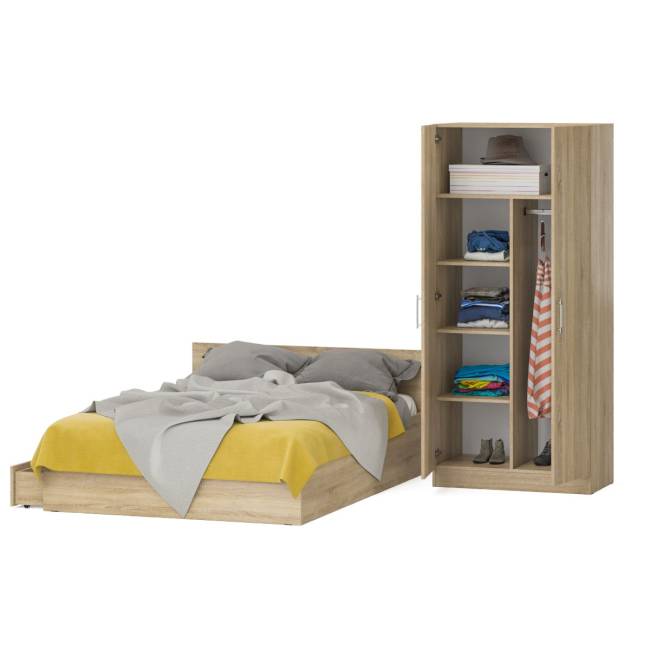 Двуспальная кровать с ящиками 1400 со шкафом для одежды 2-х створчатым Стандарт цвет дуб сонома Двуспальная кровать с ящиками 1400 со шкафом для одежды 2-х створчатым Стандарт цвет дуб сонома