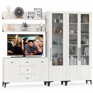 Тумба-комод и шкаф с тремя стеклянными дверками в гостиную Валенсия цвет белый шагрень