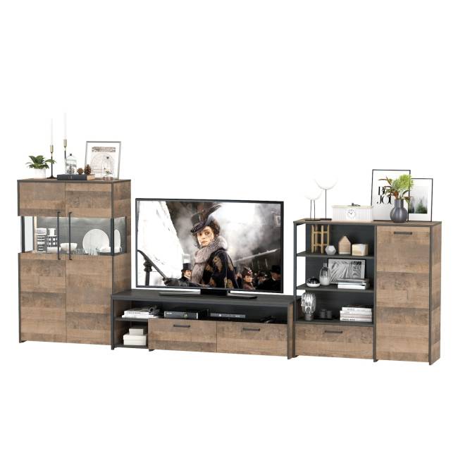 Стенка в гостиную Трувор № 54 с тумбой с подсветкой цвет дуб гранж песочный/интра