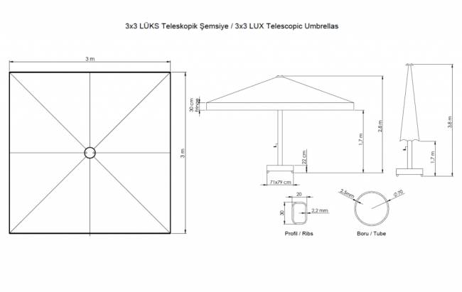 Зонт профессиональный 3х3 м Lux Telescopic бежевый 3000х3000 мм Зонт профессиональный 3х3 м Lux Telescopic бежевый 3000х3000 мм
