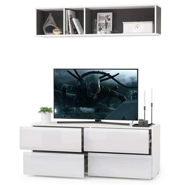 ТВ тумба Сидней с полкой цвет белый/чёрный/фасады МДФ белый глянец ТВ тумба Сидней с полкой цвет белый/чёрный/фасады МДФ белый глянец