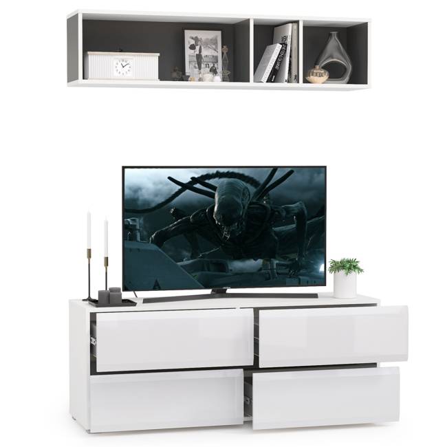 ТВ тумба Сидней с полкой цвет белый/чёрный/фасады МДФ белый глянец ТВ тумба Сидней с полкой цвет белый/чёрный/фасады МДФ белый глянец