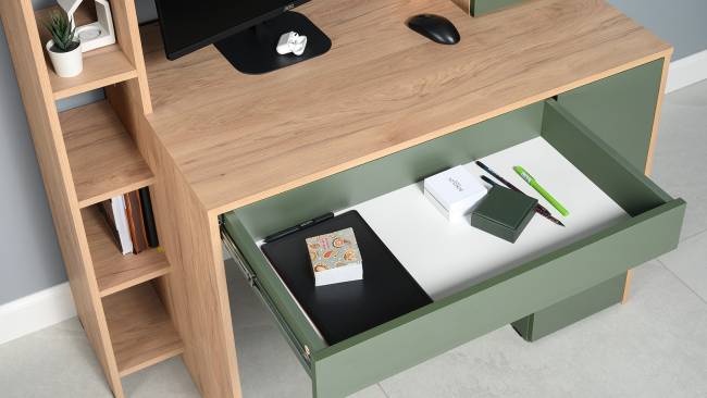 Рабочий компьютерный стол Комфорт 12.71 цвет гикори рокфорд натуральный/дымчатый зелёный Рабочий компьютерный стол Комфорт 12.71 цвет гикори рокфорд натуральный/дымчатый зелёный