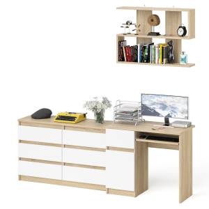 Большой комод на 6-ть ящиков Мори с компьютерным столом МС-1 левый и полка открытая на 900 цвет дуб сонома/белый